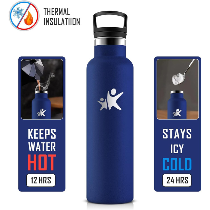 Фляга KollyKolla 750 мл з нержавіючої сталі, ізольована, з трубочкою, без BPA, для газованої води, вакуумна термофляга, фляга для дорослих, універсальна, для спорту, офісу, тренажерного залу, велосипеда, кемпінгу, темно-синій колір
