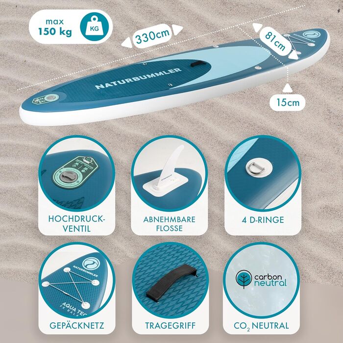 SUP дошка Naturbummler® для початківців та досвідчених, 330x81x15 см, темно-синя - Комплект для Stand Up Paddling