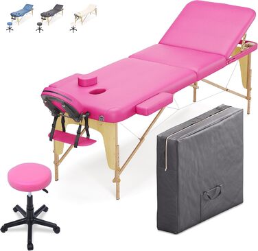 Мобільний масажний стіл Beltom® з 3 зонами, складний + табурет для косметології - Рожевий