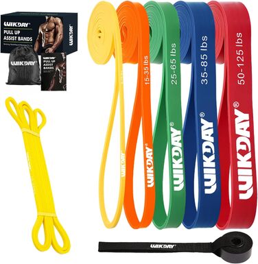 Гумові стрічки для фітнесу та розтяжки, набір для Crossfit та домашніх тренувань, різні рівні опору (3,6–56,7 кг) + додаткова жовта (4,5–11,3 кг)