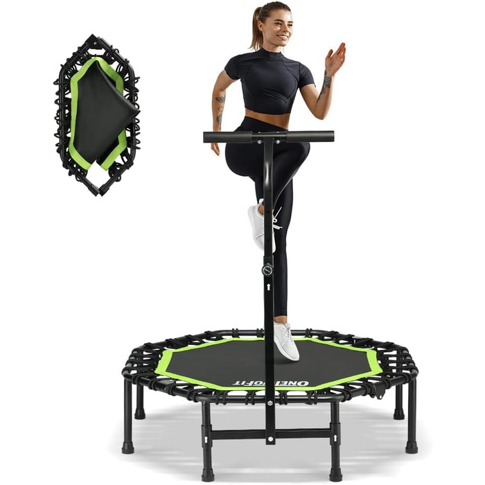 Трамплін ONETWOFIT складний для дорослих, 107 см, міні-фітнес, з регульованими ручками та пружинами, тихий, для дому (зелений)