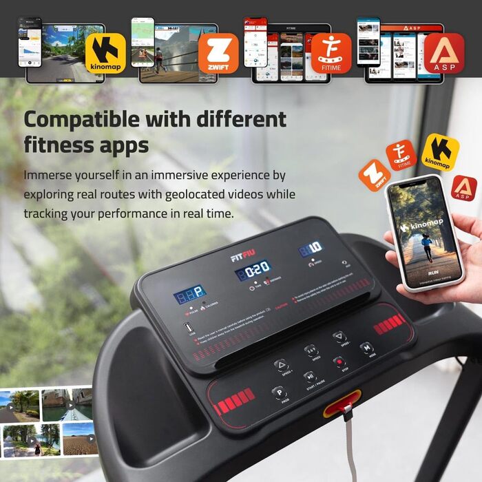 Біговий тренажер FITFIU MC-90 з мотором 2.0 HP, регулюванням швидкості до 14 км/год та нахилом 9%, з підключенням до Kinomap, Zwift та Fitime, динаміком та тримачем для планшета