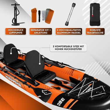 Надувний каяк SKINHAWK Exclusiv Orange 380x96 см для 2 осіб, комплект для сплаву, помаранчевий каное-шлюпка