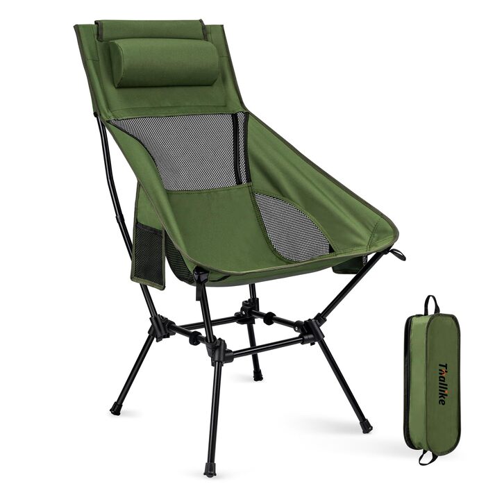 Крісло для кемпінгу Hochlehner, складне, 150 кг, ультралегке, портативне, з підголівником та двома кишенями, компактне рибальське крісло, для кемпінгу, пляжу, відпочинку на природі та піших прогулянок (колір: хакі)