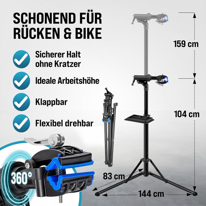 Підставка для збирання велосипедів Monzana® Profi: сталева, складна, регульована по висоті, 50 кг, для E-bike, з органайзером для інструментів та мішком для багажу