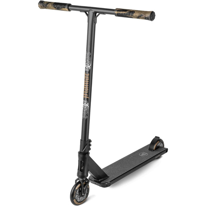 Movino Maniac - професійний фристайл скутер для трюків. IHC-компресія, street-deck, T-bar 59x54 см, колеса 110 мм, ABEC9, вага 3,8 кг, колір золотий