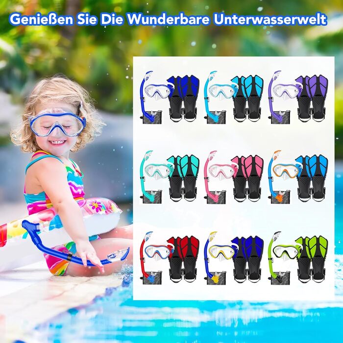 Набір для снорклінгу для дітей з ластами, маска з панорамою 180° та сухим снорклом, блакитний