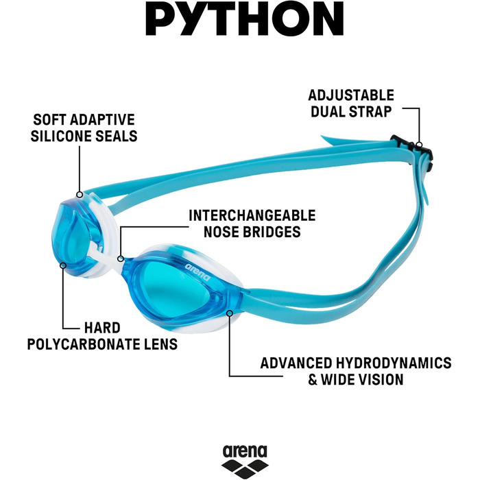 Унісекс окуляри для плавання ARENA Python, сині/білі, для змагань, універсальний розмір
