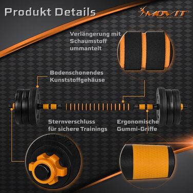 Набір гантелей MOVIT 6в1 20/30 кг XXL, регульовані, пластик, з упорами для віджимань, чорні та червоно-помаранчеві — універсальний набір гантелей, гиря, штанга для дому