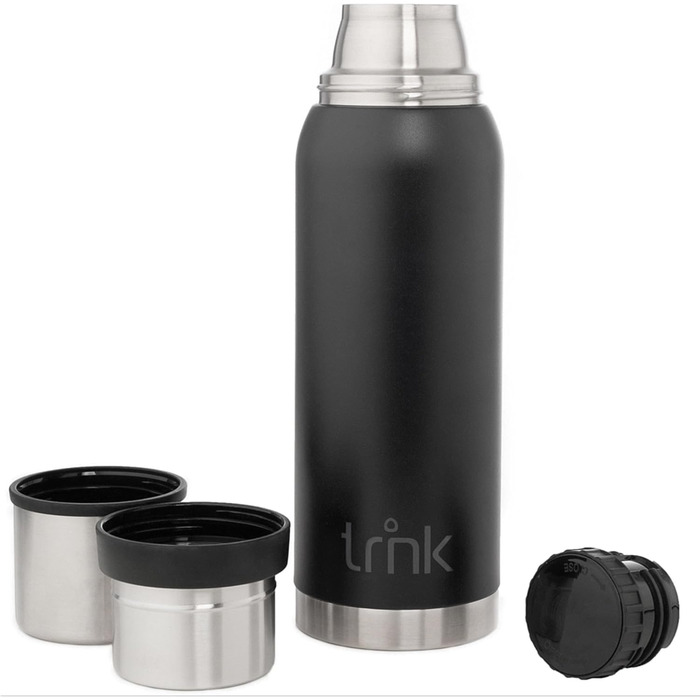 Термос TRNK Arktis 2 з нержавіючої сталі, 1200 мл, BPA-free, тримає тепло 32 години, 2 чашки, можна мити в посудомийній машині, нічний чорний матовий