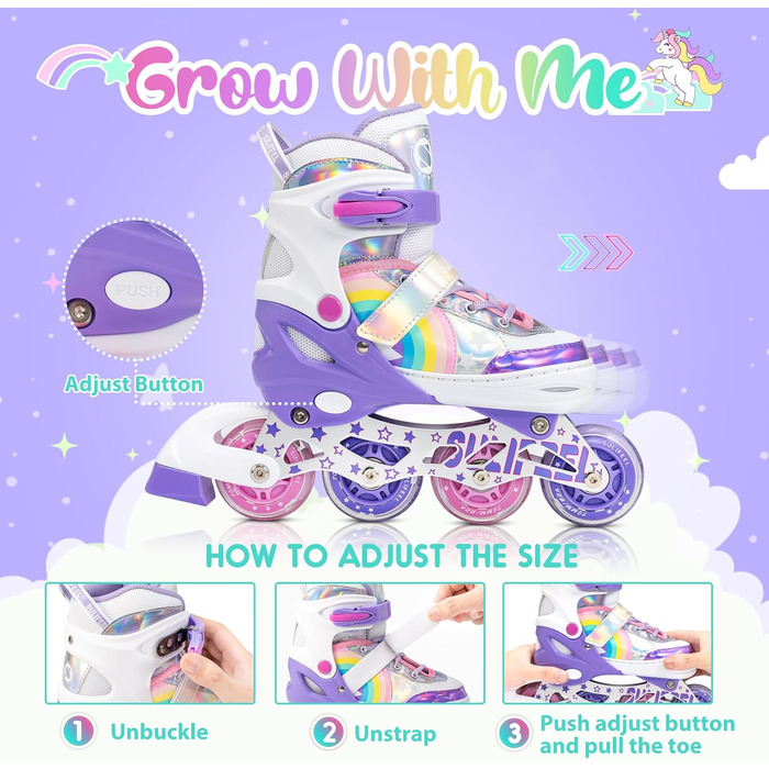 Ролики дитячі SULIFEEL Unicorn для дівчаток та хлопчиків з підсвічуванням, чорні, зелені, фіолетові (28-31 EU / 37-39 EU)