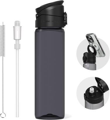 Пляшка для води RhinoShield AquaStand 800 мл, магнітна, Tritan, зі зручною ручкою MagSafe, трубочкою, спортивна, з підставкою, регульований кут, не протікає, чорна