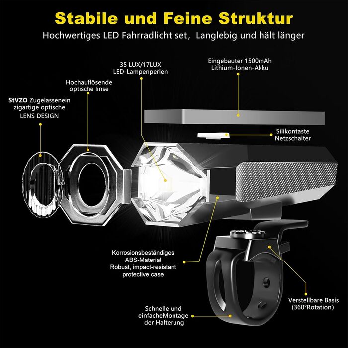 Набір велосипедних ліхтарів LED, STVZO, водонепроникні, USB-зарядка, передній та задній ліхтарі