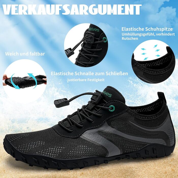 Водні черевики WateLves: для плавання, серфінгу та відпочинку на пляжі. Швидка сушка, розміри 36-48 EU, чорний колір