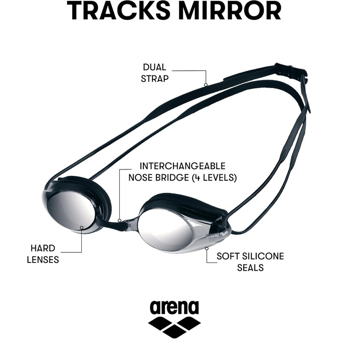 Окуляри для плавання arena Tracks з антифогом, дзеркальні, UV-захист, 4 змінні перенісся, силіконові ущільнювачі, чорні, для дорослих