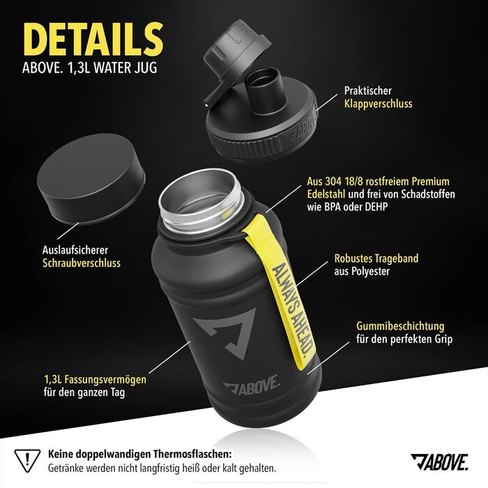 Сталева фляга ABOVE 1.3L/2.2L – без BPA, не протікає, міцна – 2L металева пляшка з додатковим клапаном для спорту, фітнесу та активного відпочинку | Преміум-якість, подарункова коробка (Чорний, 1300 мл)