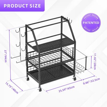 Стійка для гантелей та гир, домашній спортзал, чорна. З гачками та коліщатками. Підходить для гантелей, гир, йога-матів та роликів.