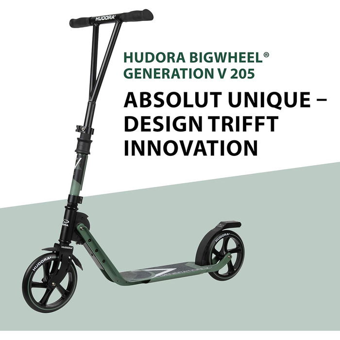 Дитячий та підлітковий самокат HUDORA BigWheel Generation V 205, оливковий, легкий складаний самокат із великими колесами та підвищеною плавністю ходу
