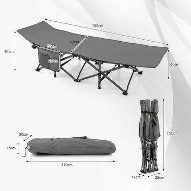GYMAX Складне кемпінгове ліжко 185 x 67 x 54 см, вантажопідйомність 270 кг, з кишенею, у комплекті сумка, зелений (сірий)
