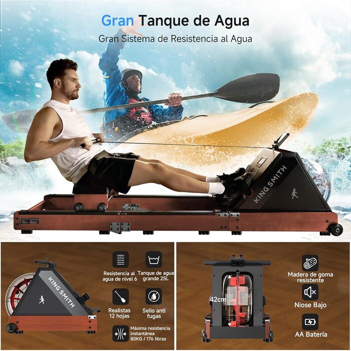 Складний тренажер для веслування, веслувальний тренажер, водонепроникний з 6 рівнями навантаження, для дому, складаний у 3 рази, вантажопідйомність 150 кг, сумісний з додатком, дуб червоний