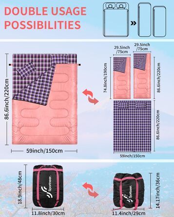 Сплячий мішок Outdoor Sportneer для двох осіб: спальний мішок 2.75 кг для дорослих, 3 сезони, 220x150 см, з 2 подушками (без фланелевої підкладки), рожевий