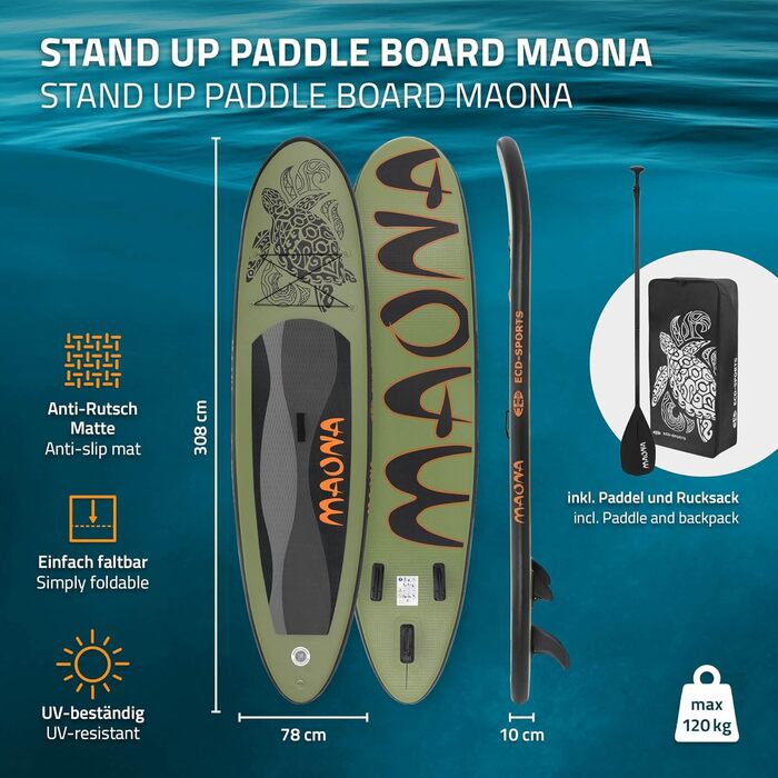 Надувний SUP Борд ECD Germany: SUP Борд Stand Up Paddle Board для Каякінгу, Розміри 305/308/320/380 см, до 120/150 кг, Товщина 10/15 см, Комплект з Рюкзаком та Сидінням для Каяка, Olive