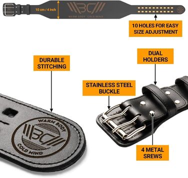 Преміум шкіряний пояс для важкої атлетики WARM BODY COLD MIND (10см) - для силових тренувань, кросфіту, бодібілдингу, фітнесу, пауерліфтингу. Підходить для жінок та чоловіків, чорний, XL
