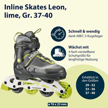 Інлайнери Hudora Mia/Leon - ролики для дітей та дорослих, 37-40, регульовані, стильні, кольору лайм