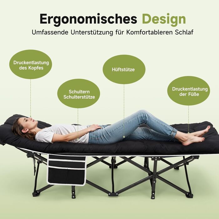 Розкладне ліжко Warmiehomy XXL з матрацом для дорослих, гостьове ліжко, широке та міцне, для кемпінгу, відпочинку, офісу, саду, сіре (чорне), з матрацом