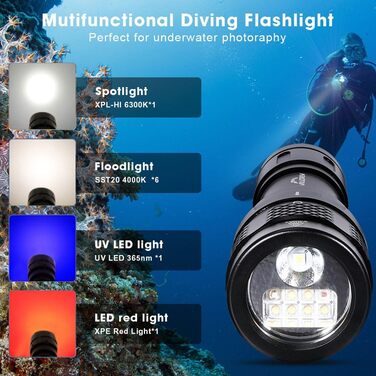 Willcrew DX70: Потужний водонепроникний дайверський ліхтар з регулюванням яскравості та UV/Red світлом, 3000 люменів, 100 метрів, для дайвінгу та фото/відео зйомки під водою