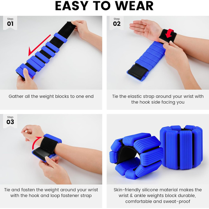 Ваги для ніг та рук, регульовані | Набір 2 шт (1 кг пара, 0,5 кг кожний) | Силіконові ваги на зап'ястя для жінок | Йога, пілатес, танець, балет, біг, плавання, кардіо (блакитні)