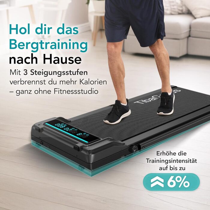 Біговий тренажер TiBa для дому - Walking Pad з нахилом [3 рівня, до 6%] - біговий килимок [макс. 100 кг, макс. 6 км/год] - ідеально підходить для столу, офісу або вітальні [125x55 см]