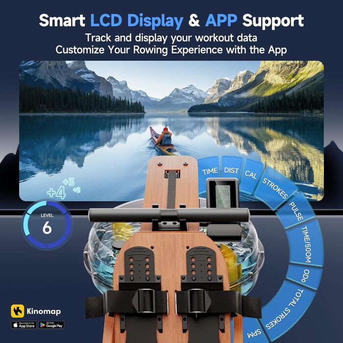 Магнітний тренажер для греблі YPOO для дому: 16 рівнів навантаження, складаний, з LCD-дисплеєм та подвійними напрямними, витримує до 158 кг