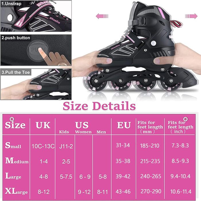 Інлайне ролики дитячі та підліткові регульовані з підсвічуванням коліс, ролики для хлопчиків та дівчаток, підходять для початківців та дорослих, чорно-рожевий, EU 39-42