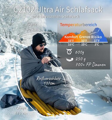 Спальник Litume Ultra Kompakt пуховий для літа та 3 сезонів, 700+ Fill Power, ультралегкий мумія, для туризму, подорожей, кемпінгу, рюкзаків, дорослих, Outdoor (10°C)