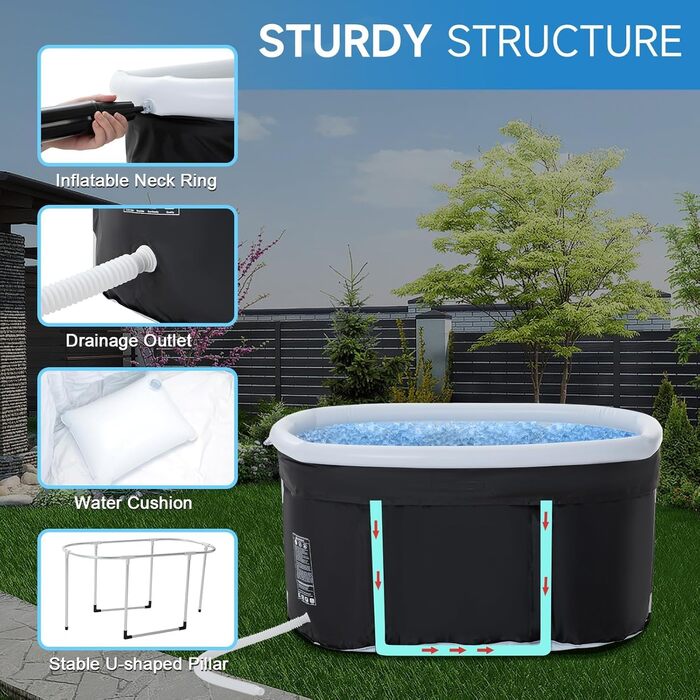 Еліптична ванна для льодяного душу з кришкою, складана ванна KISKVV для дорослих, ізольована ємність для льодяної терапії (115x55x57 см)