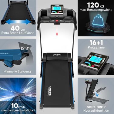 КІНЕТІК СПОРТС Laufband KST2900FX: Складний біговий тренажер з потужним мотором 750 Вт, широка бігова поверхня 40 см, 16 програм, ручний нахил, LCD дисплей, до 120 кг