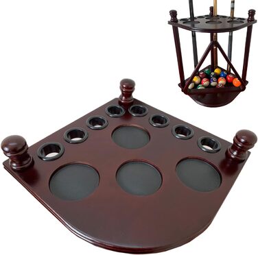 Стійка для більярдних київ GACCO BILLIARDS на 8 київ та аксесуари: кутовий тримач з масивного дерева, з тримачем для куль, з гачками (махагон)