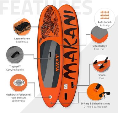 Надувна SUP-дошка ECD Germany Makani 305/308/320/380 см, PVC, до 120/150 кг, товщина 10/15 см, з каяк-сидінням, комплект із сумкою, веслом, для серфінгу та веслування, помаранчева