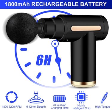 Міні масажер для м'язів AQXONG: портативний електричний масажний пістолет з LCD дисплеєм, тиха робота 45dB, 6 швидкостей, 4 насадки, акумуляторний (чорний)