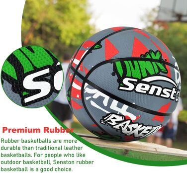 Баскетбольний м'яч Senston, розмір 7, з насосом, для вулиці, антиковзаюча поверхня, відмінне зчеплення (Сірий/Червоний)