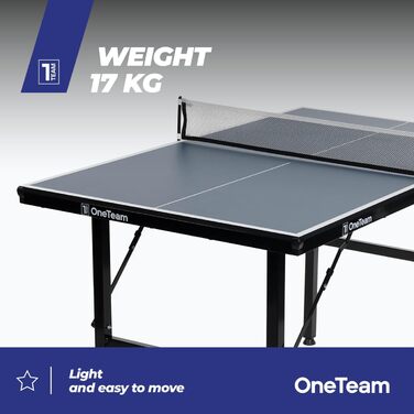 Стол для пінг-понгу OneTeam для гри в приміщенні з сіткою та складними панелями, 2 відділення для м'ячів та ракеток, транспортні ролики з фіксацією (OT-MTI-01)