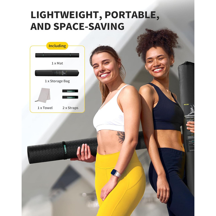 Йогамат CAMBIVO XXL 183x122 см, товщина 6/8/10/12 мм, TPE, чорний