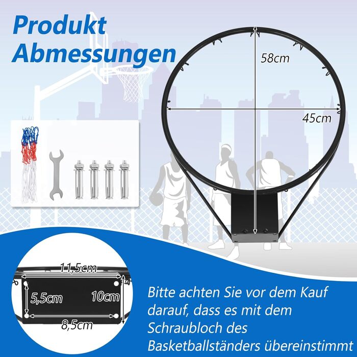 Баскетбольне кільце Gymax Ø45/37 см з сіткою та кріпленням для вулиці/залу, чорне