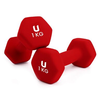 Гантелі неопренові Unycos 2 шт. 1-10 кг, шісткутні, антиковзаючі для фітнесу, силових тренувань, пілатесу та дому (#13 Червоний, 2 x 1 кг)