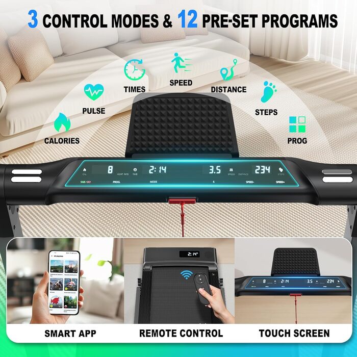 Біговий тренажер ORISYN для дому, складаний, 1-12 км/год, 3 в 1 Walking Pad з LED-дисплеєм, 12 програм, пульт ДК, сумісність з APP, чорний