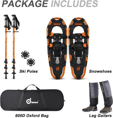 Снігоступи Odoland Allround 4 в 1 для жінок та чоловіків з трекінговими палками, водонепроникними гетрами та сумкою для перенесення, від 21 до 30 дюймів (53-76 см), помаранчевий M (63,5 см)