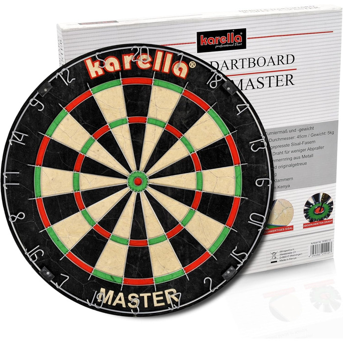Дартборд Karella Master з сизалю для турнірів, комплект із 2 наборами дротиків Steeldart Blackstar та лінією для кидків