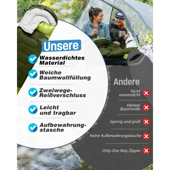 Спальний мішок 3-4 сезони, водонепроникний, ультралегкий, 220*75 см (зелений)