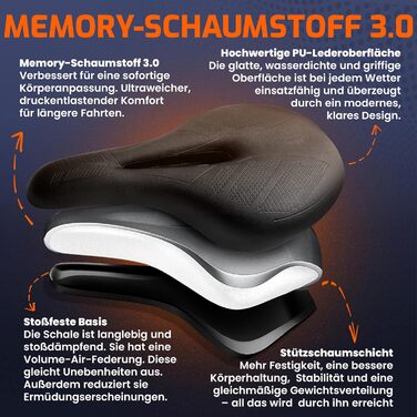 ANFIL® Велосипедне сідло - Максимальний комфорт - Ергономічне сідло з Memory Foam 3.0 для жінок та чоловіків - Зручне та м'яке з оптимізованим розподілом тиску для тривалих поїздок (трекінг)